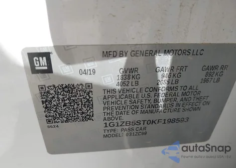 2019 Chevrolet Malibu 1Ls z USA, uszkodzony, nr VIN 1G1ZB5ST0KF198593